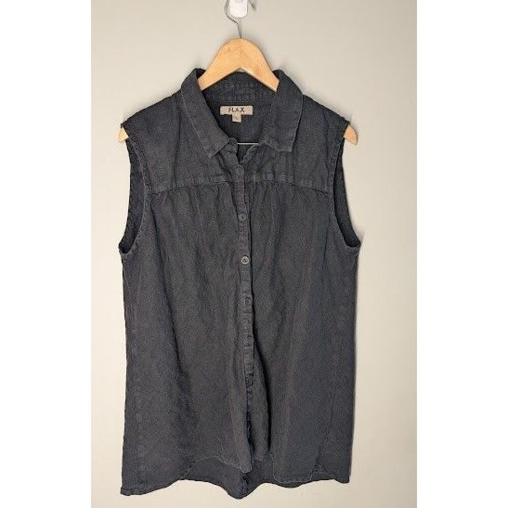 FLAX Women's 100% Linen Button Down Sleeveless Shirt Sz L Lagenlook Collared Top